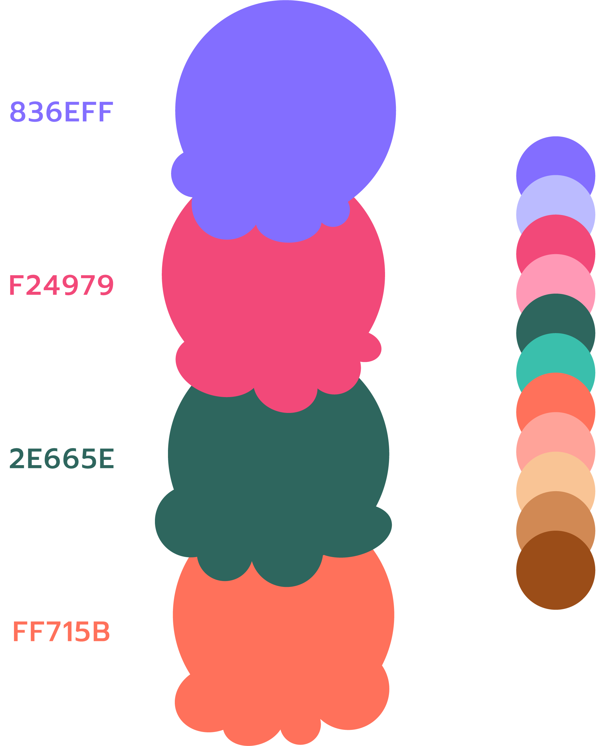 Four ice cream graphics in purple, pink, dark green, and orange.