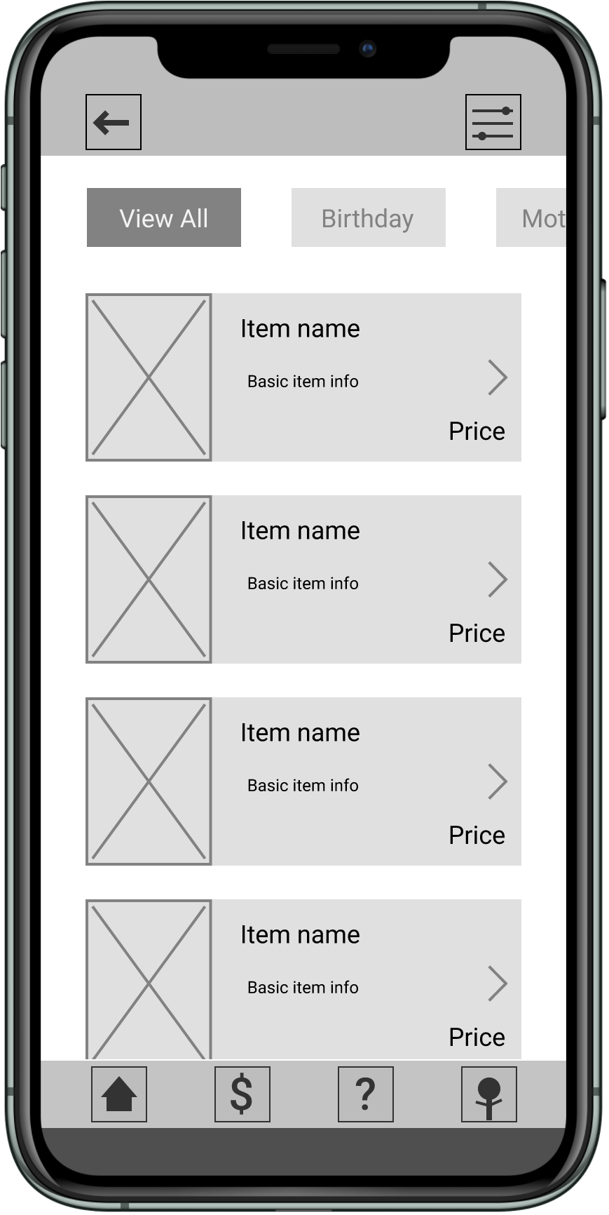 App items page with categories