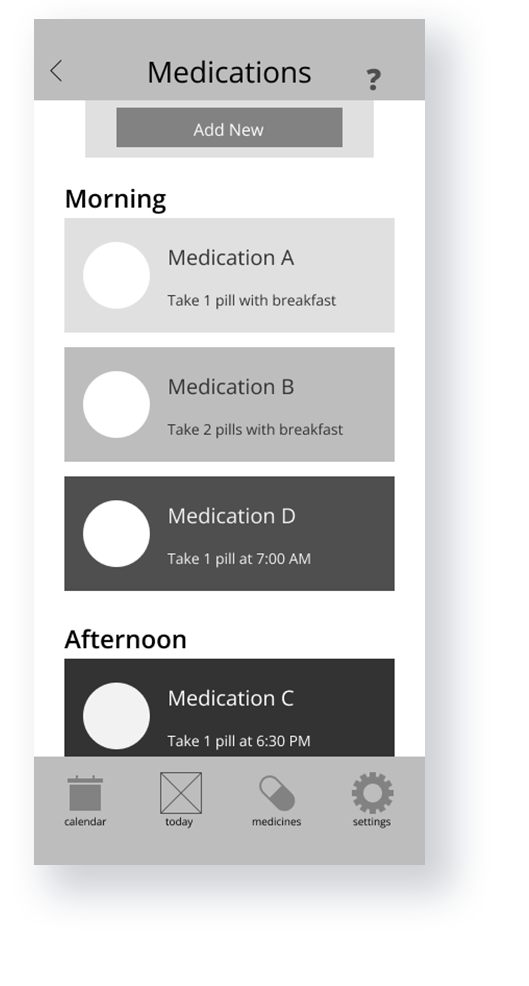 Mobile app screeen showing a list of medications and a button to add new at the top of the screen.