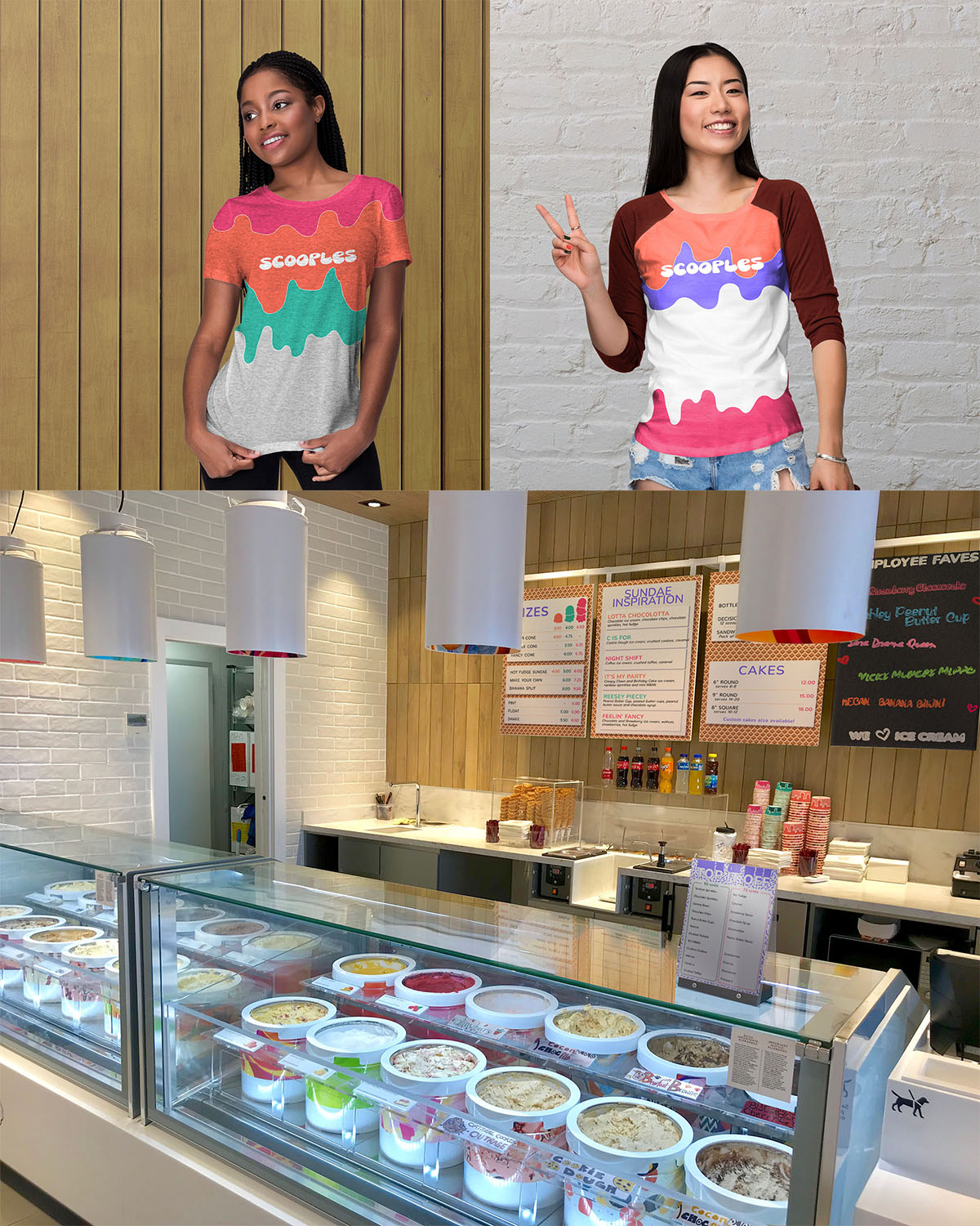 A dark-skinned young woman wearing a Scooples shirt in pink, orange, and green. A young asian woman wearing a baseball style shirt with dark red sleeves and a Scooples logo over orange, purple, and pink colors holds up a peace sign. There is an interior shot of an ice cream parlor showing menu boards and flavors in a display.
