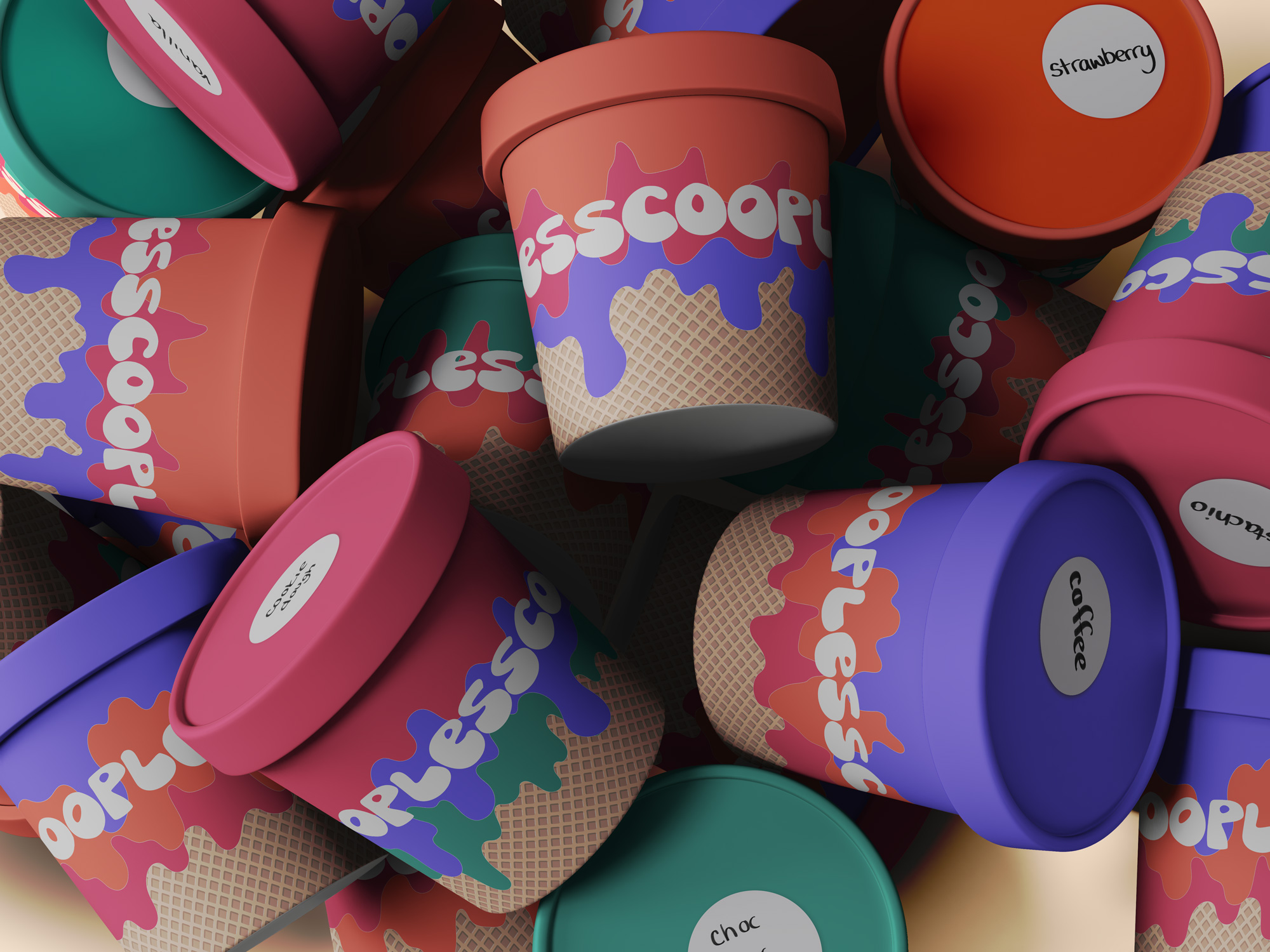 Pints of ice cream in orange, pink, purple, green, and waffle cone texture with the name Scooples printed on the front.