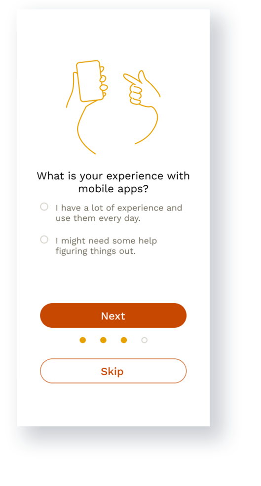 Mobile app screen with an illustration of two hands, one holding a phone and another pointing at it, asking the user about their experience with mobile apps.