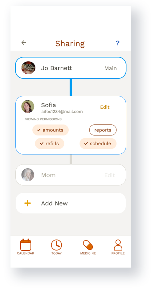 Mobile app screen showing how to share information with other people, depicted by a blue line connecting two profiles.