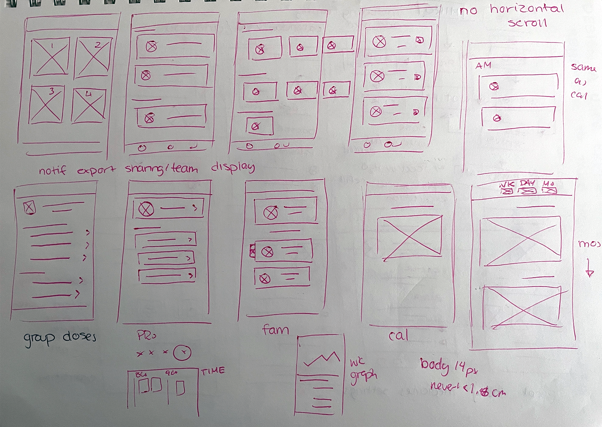 Sketches of mobile app screens done in pink pen, showing a variety of layouts