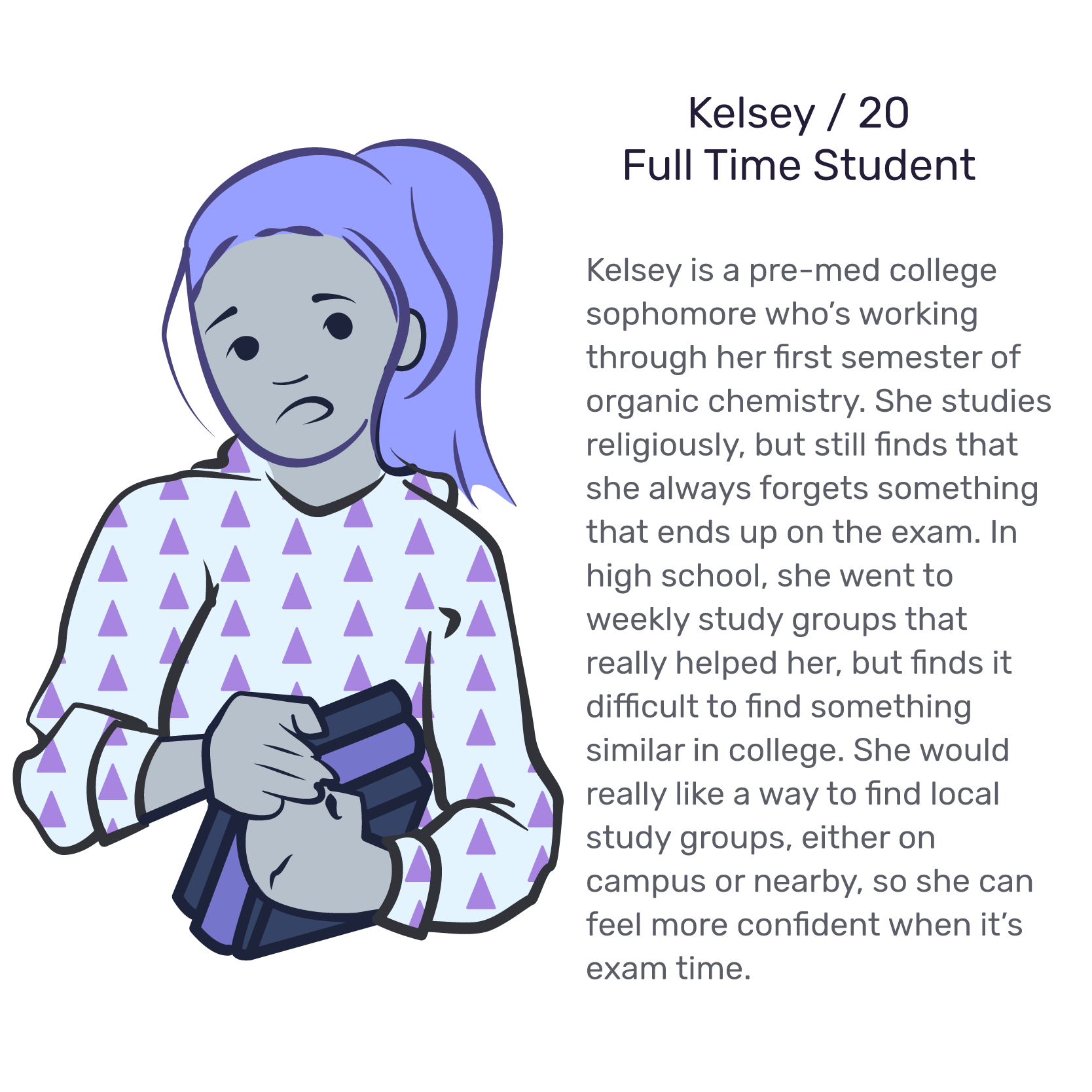 Kelsey is a pre-med college student who wants to find nearby study groups to feel more confident for exams.