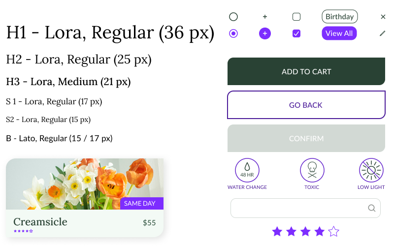 text choices and iconography for abloom