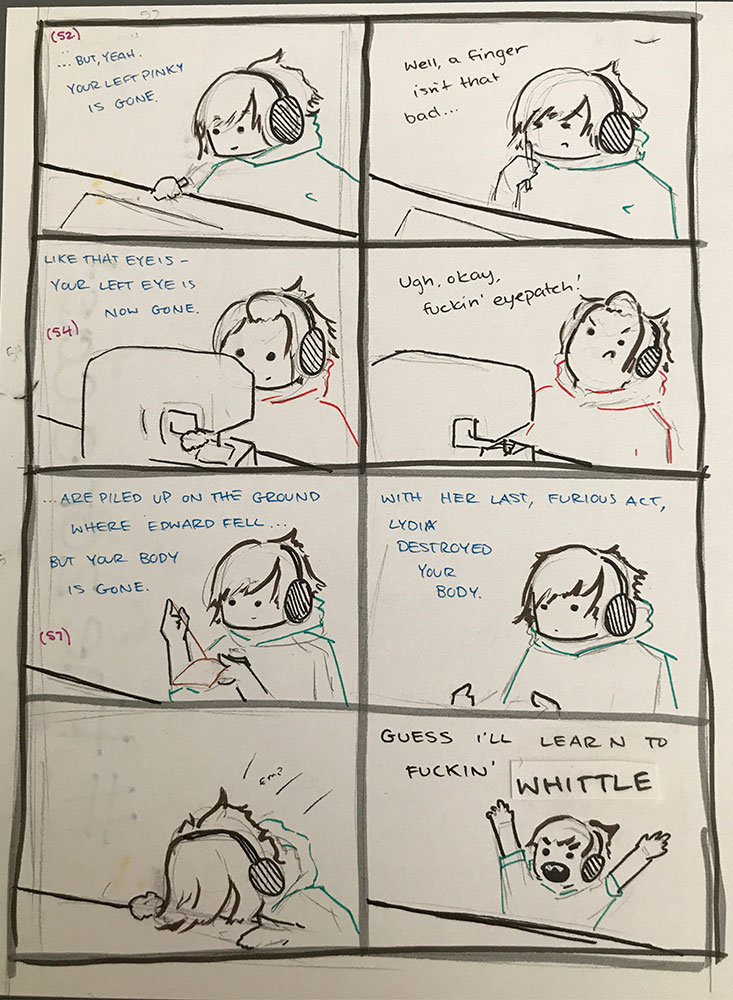 Listening to podcast episodes over a time period - a character's body is dramatically changing, which equally dramatically changes my in-progress design