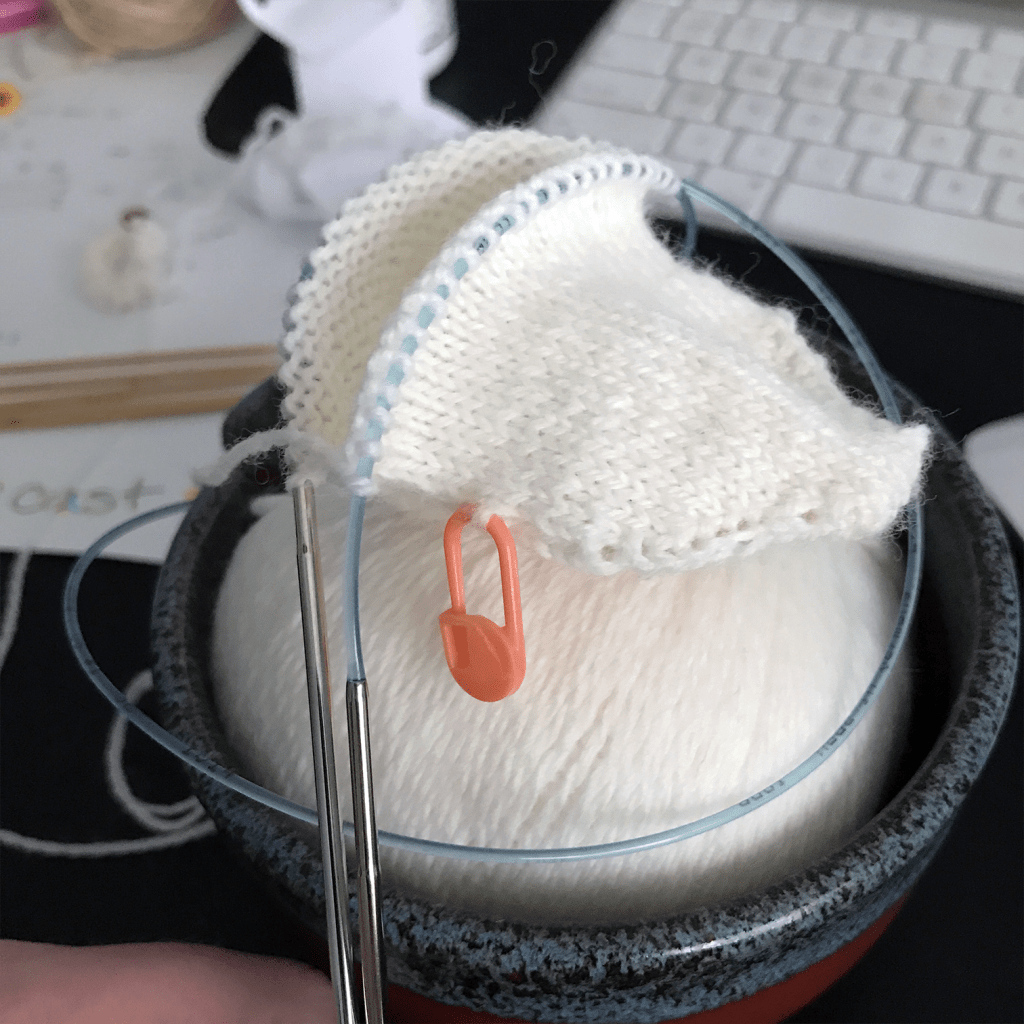 One of Angus' socks in the process of being knit