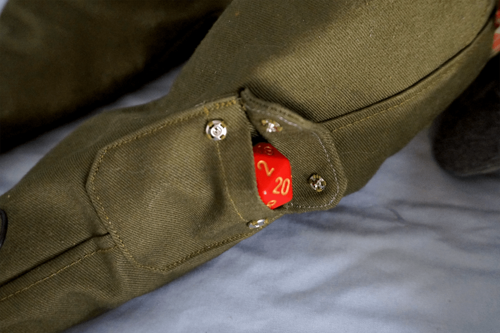 The functional pocket in Magnus' cargo pants, holding a D20